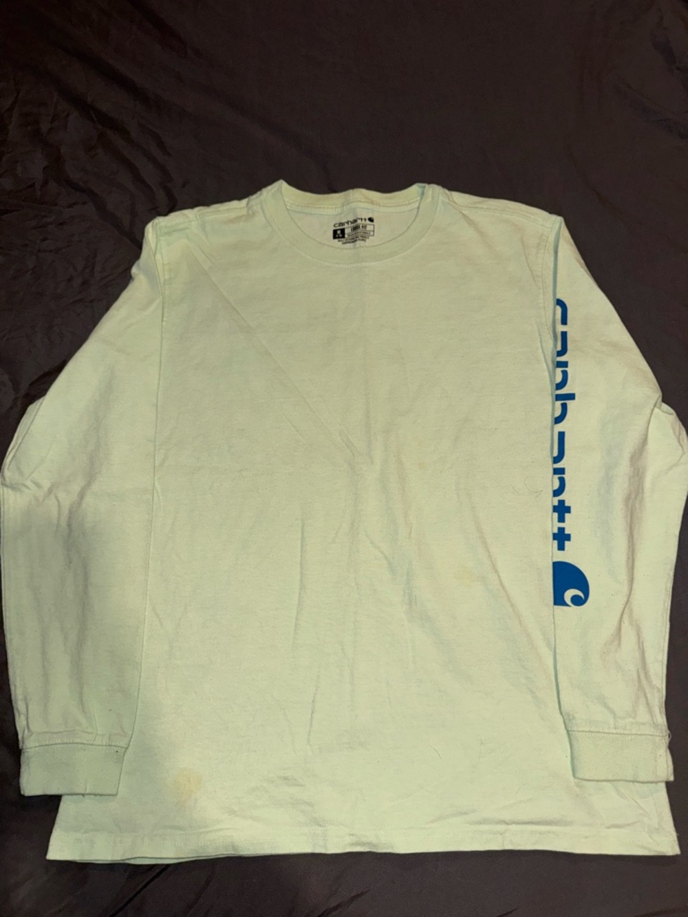 Carhartt Mint Green Long Sleeve Tee with Blue Sleeve Logo - does have a stain